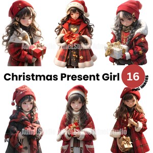 Christmas Girl Clipart - Christmas Present Girl Clipart, Fashion Girl Papercraft, Winter Fashion Girl Scrapbooking, Anime Girl Stickers