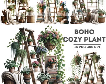 Watercolor Cozy Plant Clipart, Watercolor Cottagecore Clipart, House Plant Clipart, Boho Plant Clipart, Hanging Plant Clipart, Indoor Plants