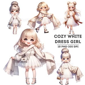 Watercolor Cozy Clipart, White Cozy Dress Girl Clipart, Little Girl Sticker, Anime Girl Clipart, Chibi Girl Clipart, Cute White Girl Clipart