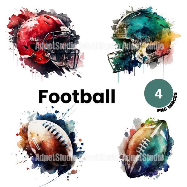Watercolor Football and Football Helmet Png, Kansas Football Helmet Clip Art, Kansas City Football Sublimation, Unlimited Commercial Licence