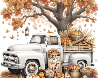14 Vintage Autumn Truck Clipart, Fall Harvest Pumpkin Truck Clipart, Rustic Farm Truck Fall Clipart, Thanksgiving Digital Art, Fall Decor