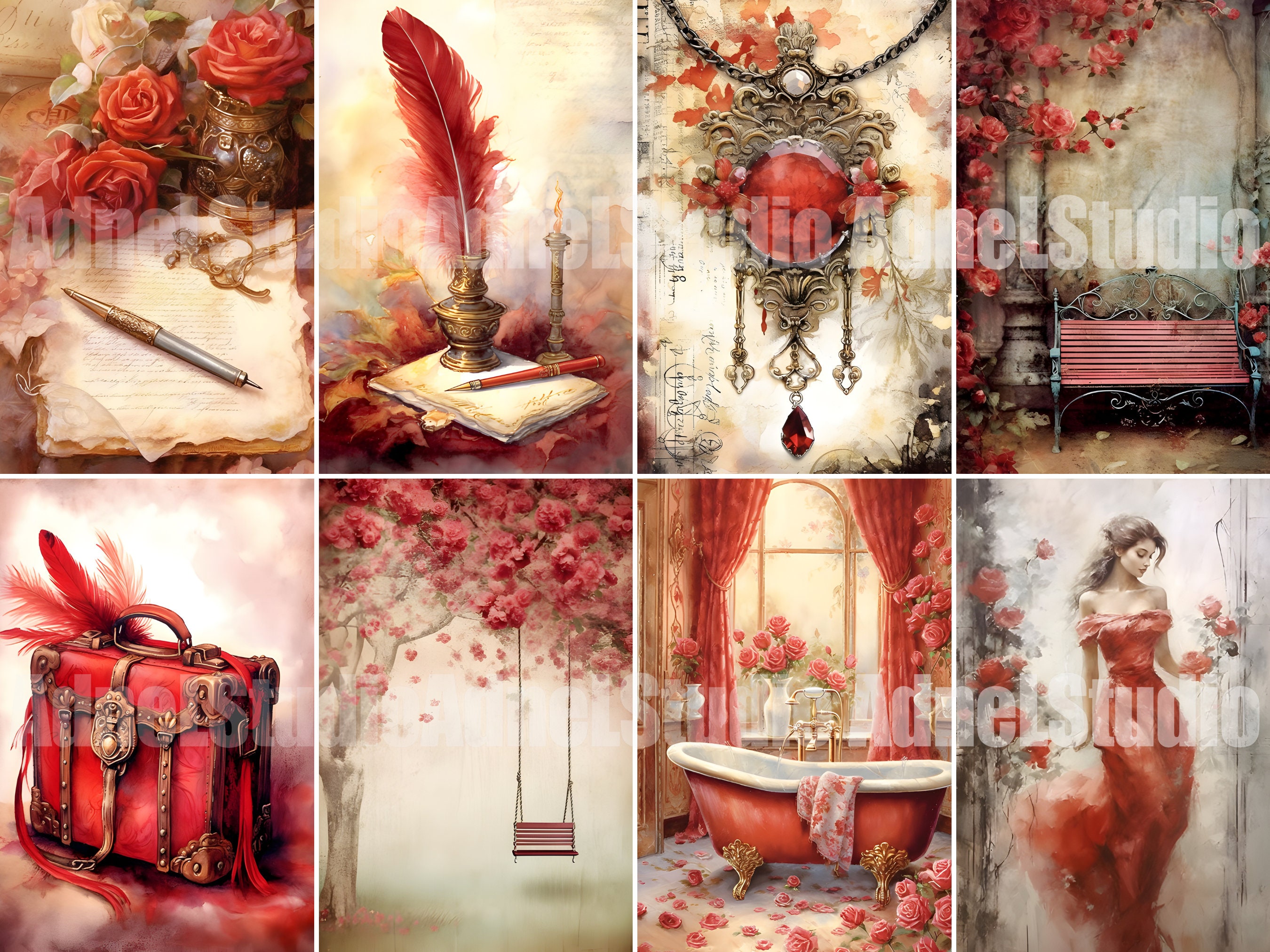Vintage Red Floral Album Junk Journal Kit, Shabby Ephemera