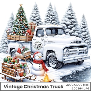 Witte vintage kerstwagen met sneeuwpop clipartbundel, retro vakantiewagen png, feestelijke vakantie jpg, merry christmas sneeuwpop plakboek