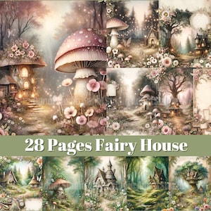 Diario spazzatura della casa delle fate della foresta, pagine di diario delle fiabe stampabili, carta effimera delle fate, supporti misti, collage di immagini, scrapbooking digitale