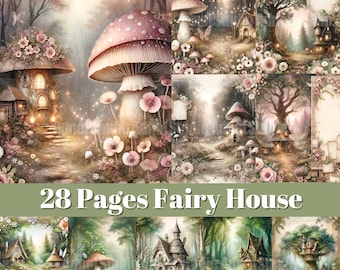 May include: A digital collage of 28 pages featuring whimsical fairy houses nestled in lush green forests. The houses are adorned with flowers and mushrooms, creating a magical and enchanting atmosphere.