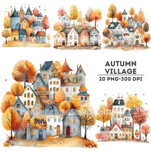 Herfstdorp aquarel clipart, gezellige herfststad illustratie, grillige huisjes, rustieke herfsttaferelen, gezellige herfstdorp scrapbooking