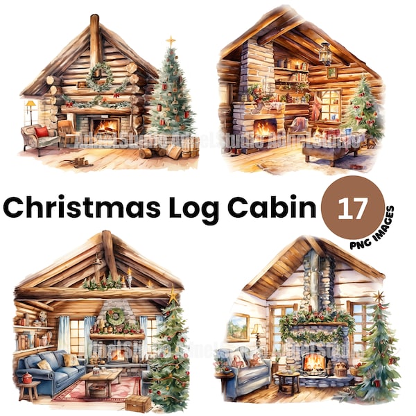 Clipart de cabane en rondins de Noël à l'aquarelle - Clipart de chambre de Noël confortable, Cottagecore Clipart, Clipart de maison de chalet d'hiver, Clipart de Noël