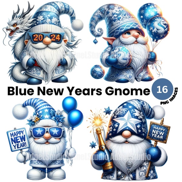 Blue New Year Gnome Clipart, 2024 New Year Gnome PNG, Happy New Year Clipart, New Years Card Template, New Year Clipart, New Year Decoration