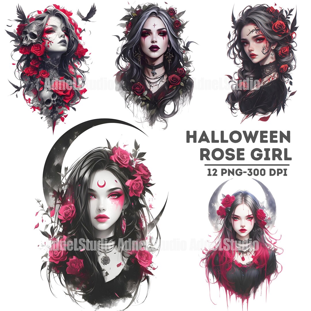 Gothic Halloween Rose Girl Clipart, Dark Aesthetic PNG Set, Moon Skull ...