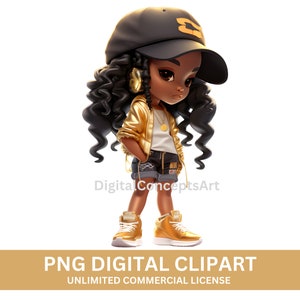 Cute Black Chibi Girl Clipart, Black Hip Hop Girl PNG, Afro Fashion Black Girl Clipart, DreadLock Black Girl PNG, Black Girl Magic Clipart image 5