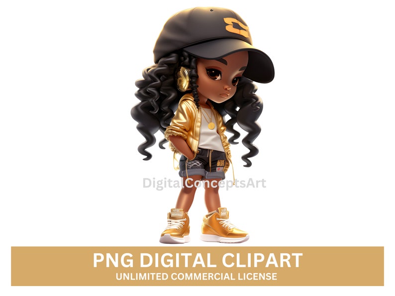 Cute Black Chibi Girl Clipart, Black Hip Hop Girl PNG, Afro Fashion Black Girl Clipart, DreadLock Black Girl PNG, Black Girl Magic Clipart image 5