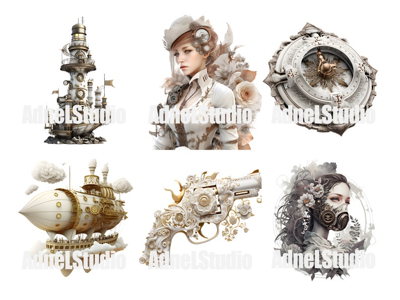 Akvarell elegant Steampunk Clipart - elegant fantasy Steampunk Ephemera Clipart, digital collage viktoriansk Steampunk PNG, fantasy Clipart bild 3