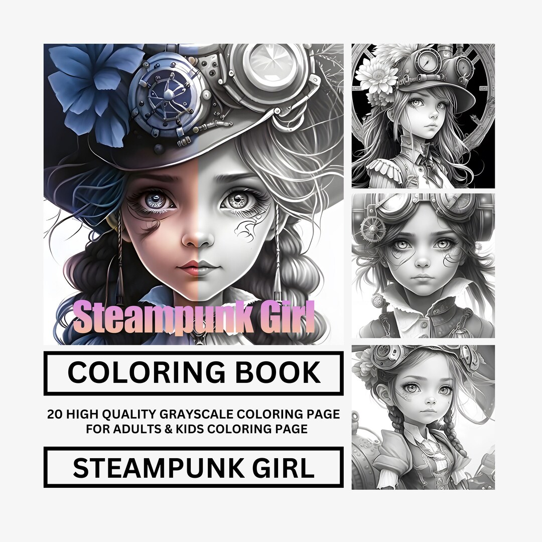 Cute Steampunk Girls Coloring Book -20 Pages Grayscale Illustration ...