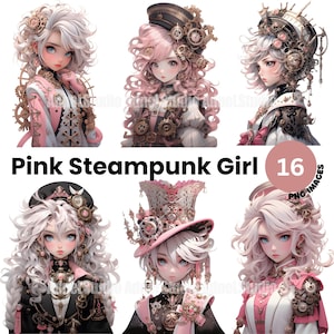 Pink Steampunk Girl Clipart - Pink Victorian Steampunk Clipart, Anime Girl Stickers, Pink Steampunk Lady Paper Craft, Victorian Scrapbooking