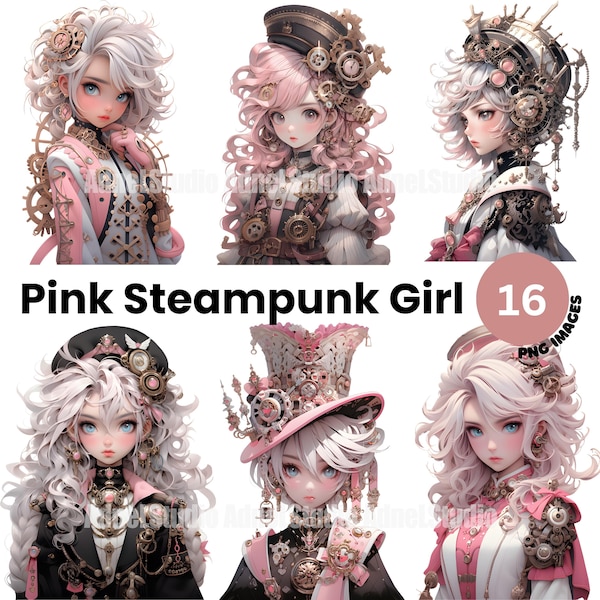 Pink Steampunk Girl Clipart - Pink Victorian Steampunk Clipart, Anime Girl Stickers, Pink Steampunk Lady Paper Craft, Victorian Scrapbooking