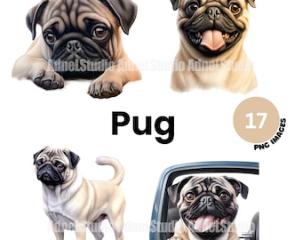 Pug Clipart - Watercolor Pug Puppy Clipart, Cute Dog Clipart, Puppies Clipart, Dog Portrait, Dog Junk Journal, Nursery Wall Art, Dog PNG