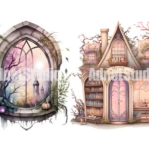 May include: A watercolor illustration of a stone archway with a window looking out onto a forest and a distant castle.  Next to the archway is a whimsical shop with a sign that reads "The Magic Corner".