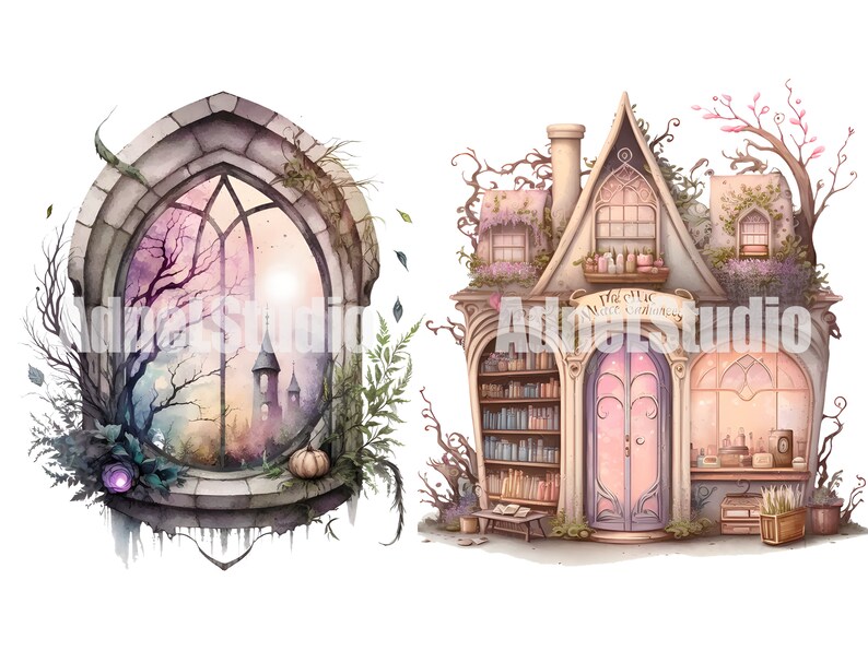 May include: A watercolor illustration of a stone archway with a window looking out onto a forest and a distant castle.  Next to the archway is a whimsical shop with a sign that reads "The Magic Corner".
