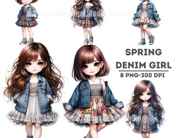 Watercolor Denim Girl Clipart, Spring Girl Clipart, Chibi Girl Clipart, Little Girl Sticker, Anime Girl Clipart, Watercolor Spring Clipart