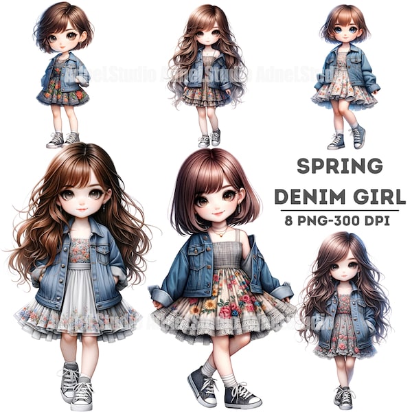 Watercolor Denim Girl Clipart, Spring Girl Clipart, Chibi Girl Clipart, Little Girl Sticker, Anime Girl Clipart, Watercolor Spring Clipart