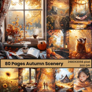 Acogedor diario basura de paisajes de otoño, acogedoras impresiones de arte de otoño, acogedora efímera de otoño, collage de imágenes de otoño, scrapbooking de otoño y decoración de diarios