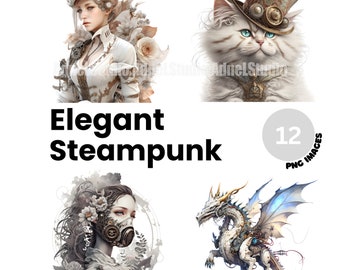 Watercolor Elegant Steampunk Clipart - Elegant Fantasy Steampunk Ephemera Clipart, Digital Collage Victorian Steampunk PNG, Fantasy Clipart