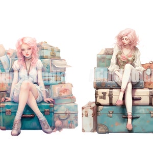 May include: Two women with pink hair sit on stacks of vintage suitcases. The suitcases are various shades of blue and brown with worn leather accents. One woman wears a white dress and the other wears a white blouse with a floral print.