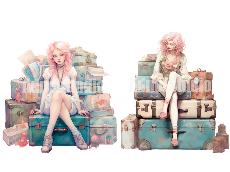 May include: Two women with pink hair sit on stacks of vintage suitcases. The suitcases are various shades of blue and brown with worn leather accents. One woman wears a white dress and the other wears a white blouse with a floral print.