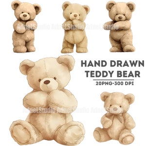Aquarelle ours en peluche clipart, clipart dessinés à la main, ours en peluche PNG Bundle, Illustration d'ours en peluche, art mural ours en peluche, peinture ours en peluche