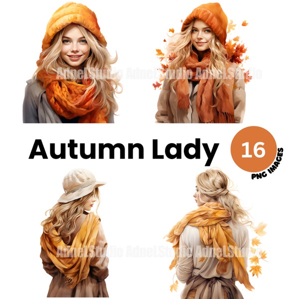 Autumn Lady Clipart, Watercolor Autumn Fashion Girl Clipart, Transparent PNG, Digital Download, Card Making, Fall Junk journal, Scrapbooking