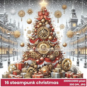 Arte digital navideño steampunk, decoración navideña victoriana para el hogar, imprimible festivo de invierno, impresión de arte de pared navideño, descarga de vacaciones steampunk