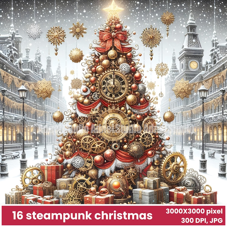 Steampunk Christmas Digital Art, Victorian Holiday Home Decor, Festive