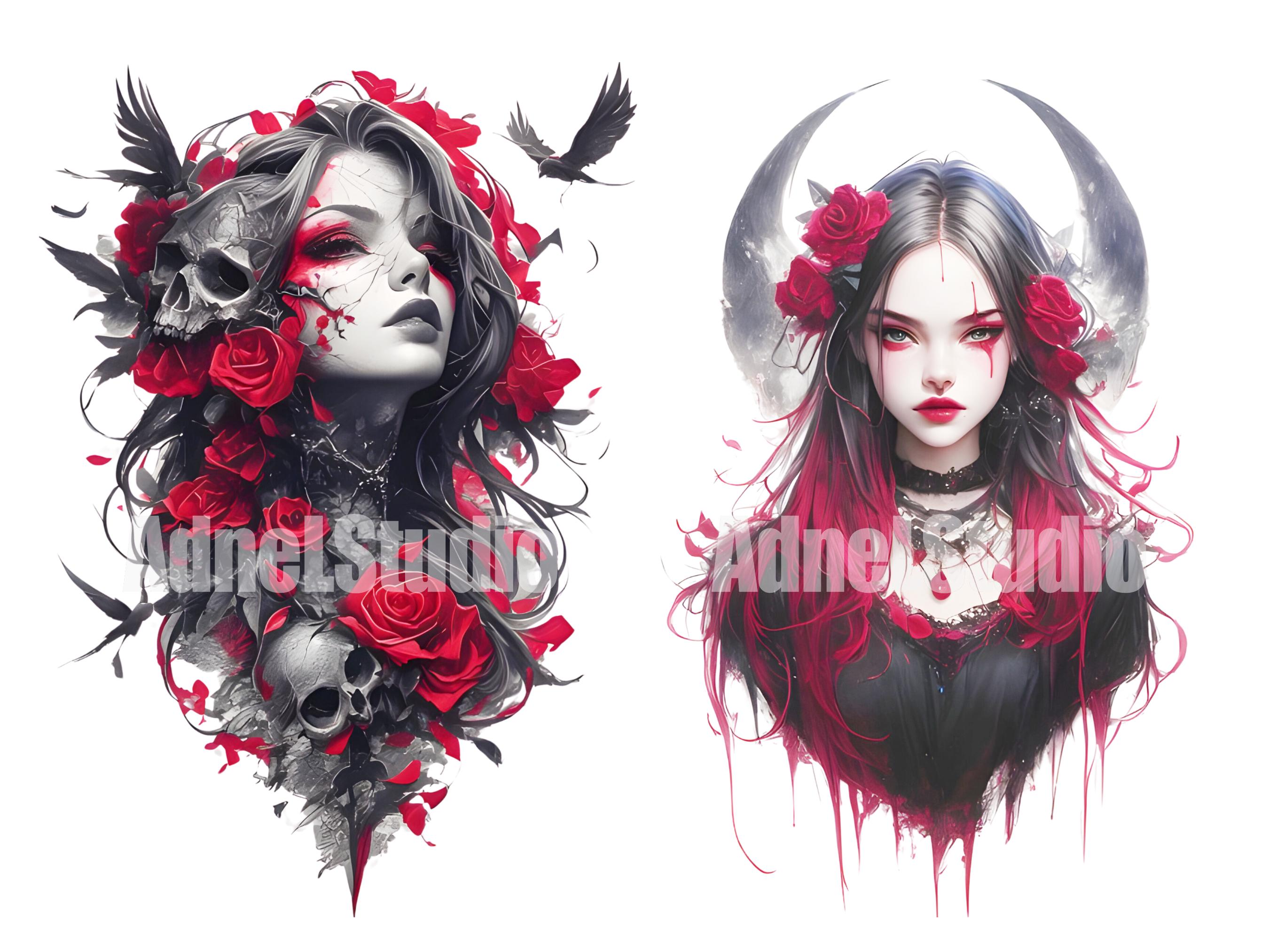 Gothic Halloween Rose Girl Clipart, Dark Aesthetic PNG Set, Moon Skull ...