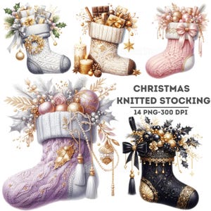 Bas de Noël tricotés PNG Clipart, illustrations de bas de Noël avec des cadeaux, clipart Noël confortable, décoration de Noël téléchargement numérique