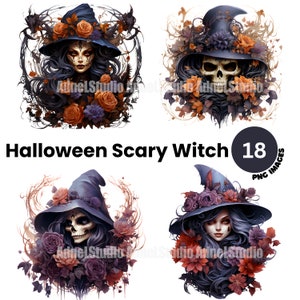 Halloween Scary Witch Clipart - Watercolor Halloween Clipart, Halloween Floral Witch Clipart, Halloween Junk Journal, Scrapbooking