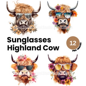 Watercolor Funny Highland Cow Clipart - Sunglasses highland cow clipart, Floral highland cow clipart, Crafting bundle, digital paper bundle