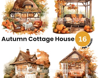 Watercolor Cottage Clipart - Vintage Cottage Core Clipart, Fall Cottage Life Clipart, Autumn Cottage House Png, Cozy Country House Clipart
