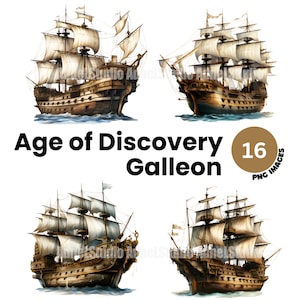 Watercolor Nautical Decor Clipart - Age of Discovery Galleon Clipart, Age of Discovery Clipart, Majestic Ship Junk Journal, Scrapbooking