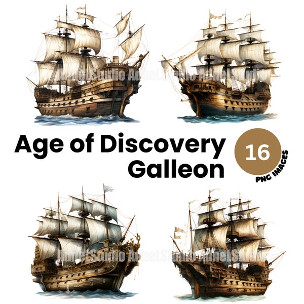 Clipart décor nautique aquarelle - Age of Discovery Galleon Clipart, Age of Discovery Clipart, Majestic Ship Junk Journal, Scrapbooking