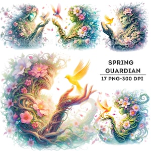 Clipart de espíritu de la naturaleza en acuarela, guardián de árbol de fantasía PNG, ilustración de bosque encantado, arte espiritual floral, gráficos de naturaleza mística