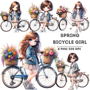 Aquarell Frühling Mädchen Clipart, Fahrrad Mädchen Clipart, Chibi Mädchen Clipart, Kleines Mädchen Aufkleber, Anime Mädchen Clipart, Aquarell Frühling Clipart