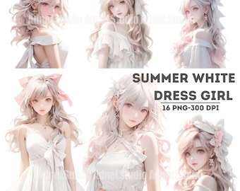 Summer White Dress Girl Clipart, White Dress Women Clipart, Anime Girl Stickers, Urban Fashion Girl Papercraft, Cozy Dress Girl Clipart