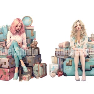 May include: Two women sit on stacks of luggage and books. One woman has pink hair and wears a white shirt and blue jeans. The other woman has blonde hair and wears a white floral shirt. Both women are sitting with their legs crossed.