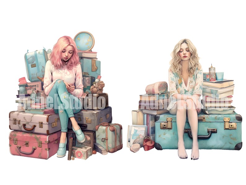 May include: Two women sit on stacks of luggage and books. One woman has pink hair and wears a white shirt and blue jeans. The other woman has blonde hair and wears a white floral shirt. Both women are sitting with their legs crossed.