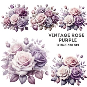Clipart de rosa morada vintage, clipart floral antiguo, estética pastel suave, elegantes ramos florales de lavanda y lila, estética romántica