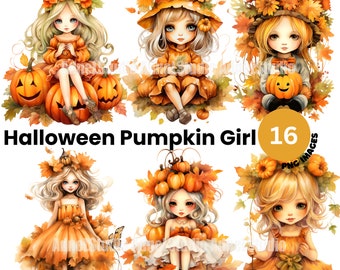 Watercolor Pumpkin Girl Clipart - Watercolor Pumpkin Clipart, Fall Clipart, Halloween Pumpkin Girl Paper Craft, Junk Journal, Scrapbooking