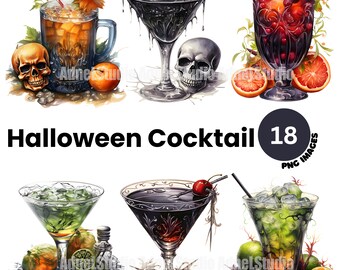 May include: A set of 18 Halloween cocktail illustrations featuring various spooky and festive drinks. The illustrations include a green cocktail with a skull, a black cocktail with a cherry, a red cocktail with cranberries, and a yellow cocktail with a skull. The illustrations are perfect for use in digital or printed projects.