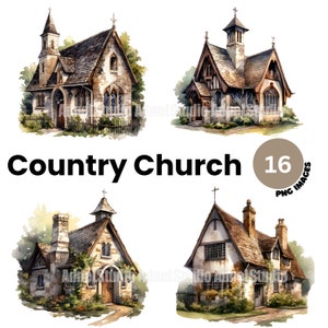 Watercolor Church Clipart - Country Church Clipart, Religion Clipart, Cottage Church PNG, Cozy Country Church PNG, Church Junk Journal