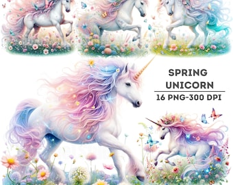 Watercolor Unicorn Clipart, Fantasy Spring Unicorn PNG, Magical Horse Illustration, Pastel Floral Graphics, Fairy Tale Art, Digital Download