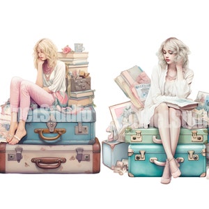 May include: Two women sit on top of vintage suitcases and stacks of books. One woman wears a pink shirt and pink pants, the other wears a white shirt and white skirt. Both women have long blonde hair.